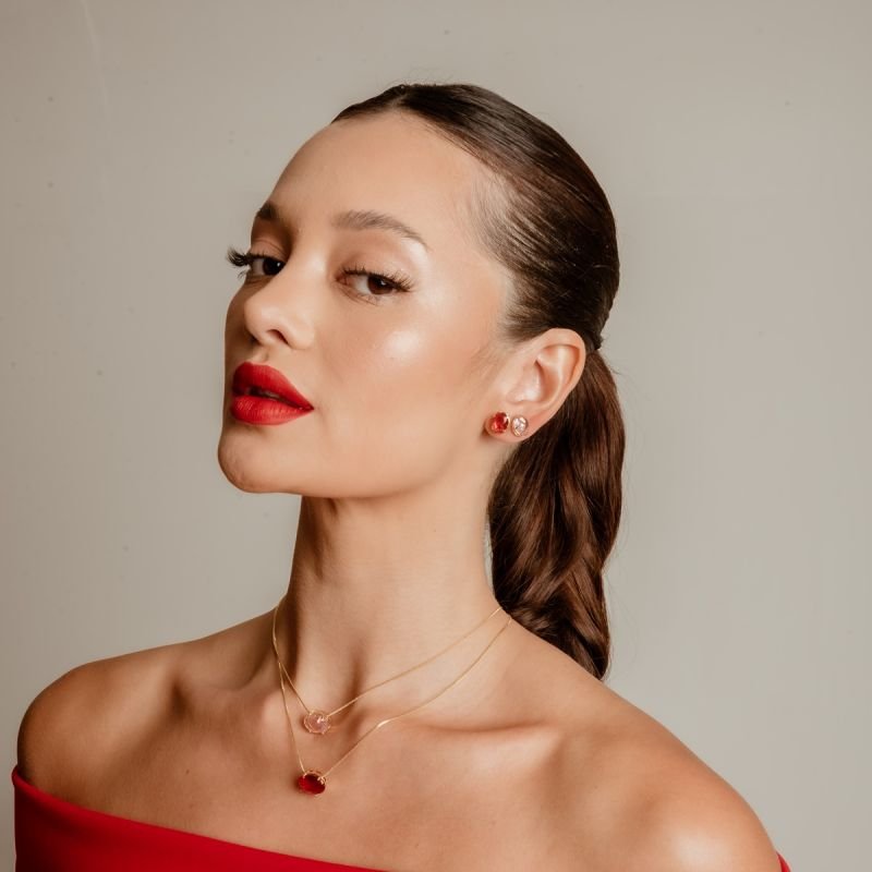 CONJUNTO OVAL RED 14MM BANHADO A OURO 18K