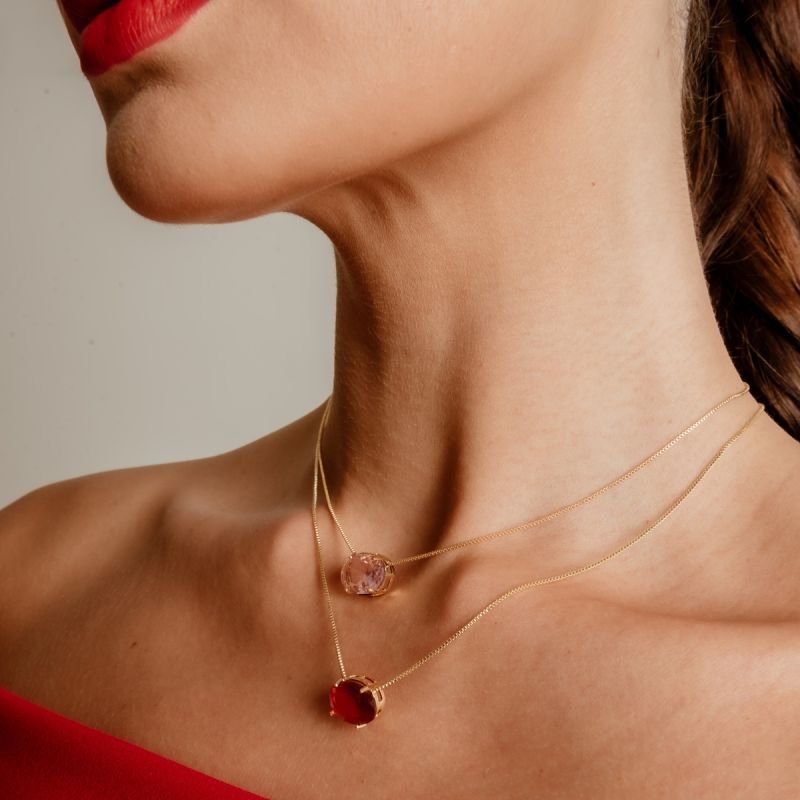 CONJUNTO OVAL ROSA 14MM BANHADO A OURO 18K