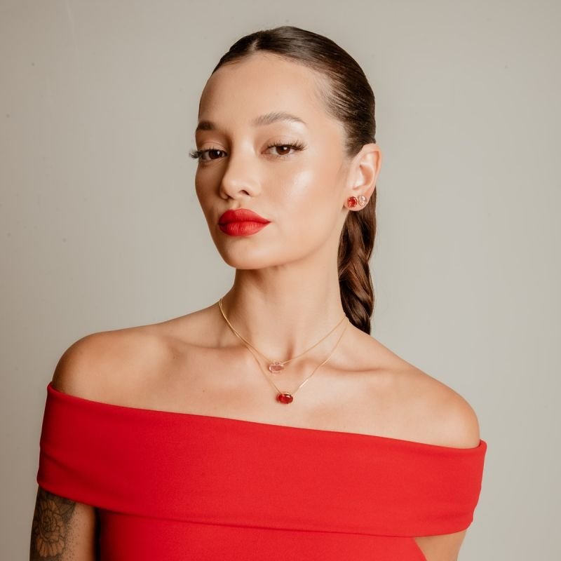 CONJUNTO OVAL ROSA 14MM BANHADO A OURO 18K