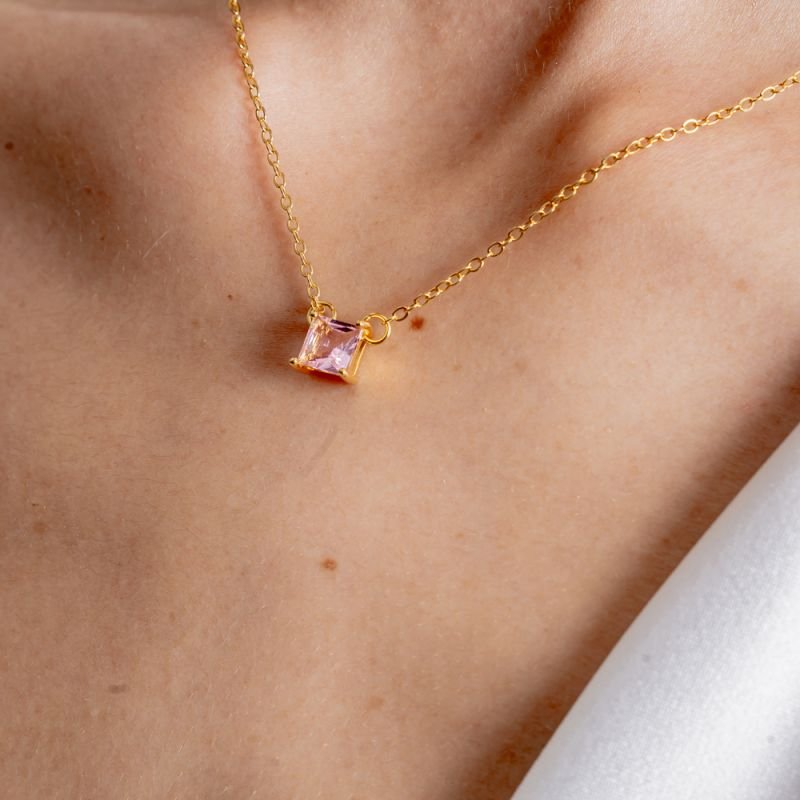 CONJUNTO PEDRA QUADRADA ROSA BANHADO A OURO 18K