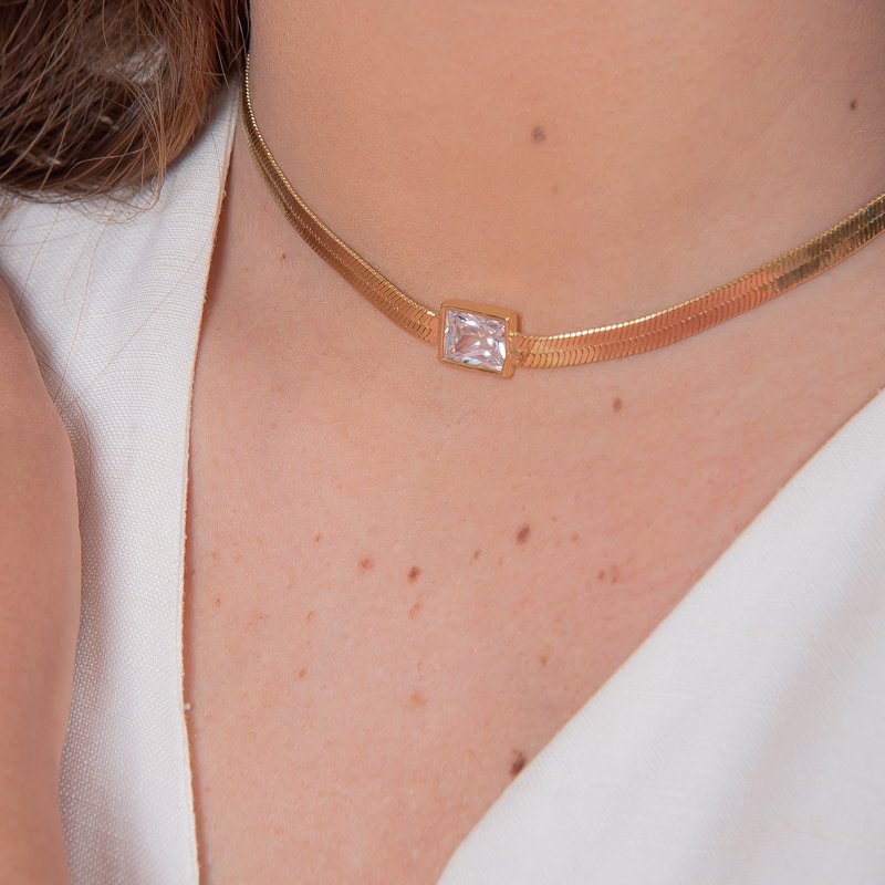 CHOKER SNAKE PEDRA RETANGULAR CRISTAL BANHADO A OURO 18K