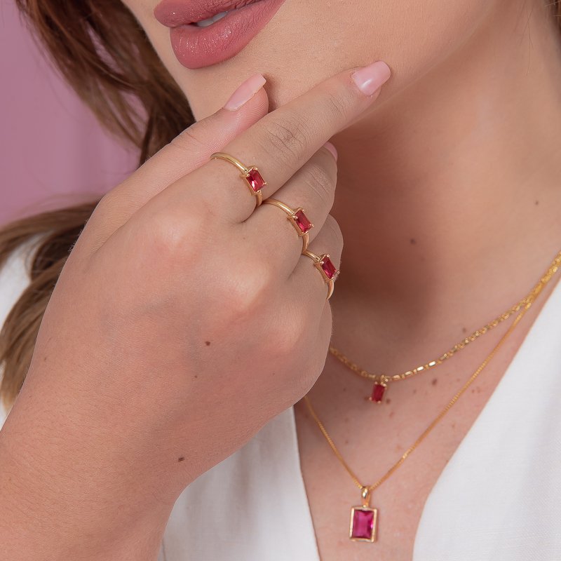 ANEL PEDRA RETANGULAR MINI RUBELITA DOURADO FOLHEADO