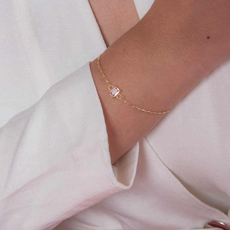 PULSEIRA PEDRA RETANGULAR MINI SAFIRA ROSA DOURADO FOLHEADO