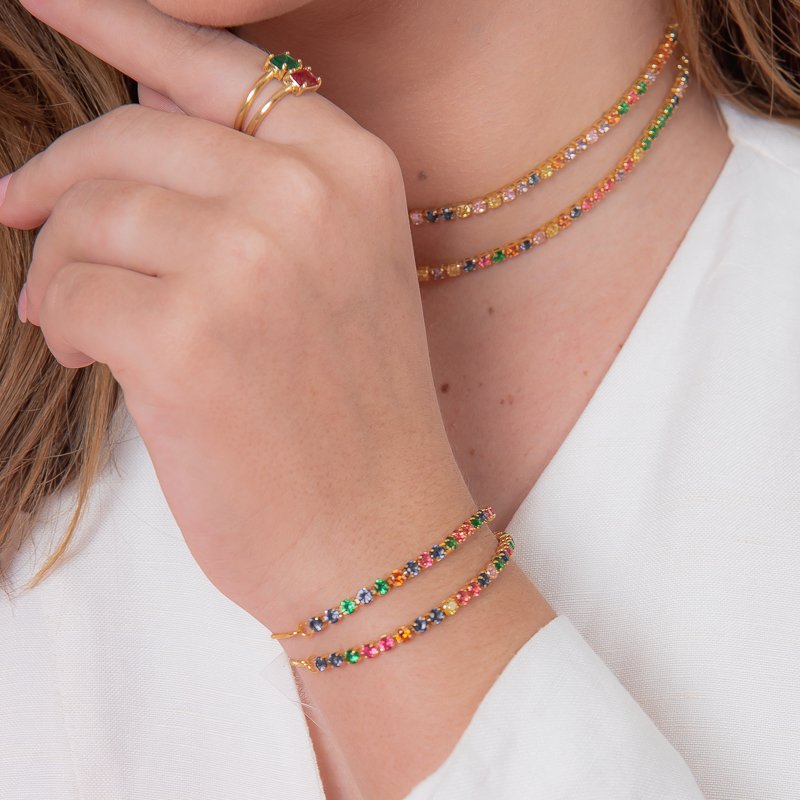 PULSEIRA GRAVATA ZIRCONIA COLORS 3MM DOURADO FOLHEADO