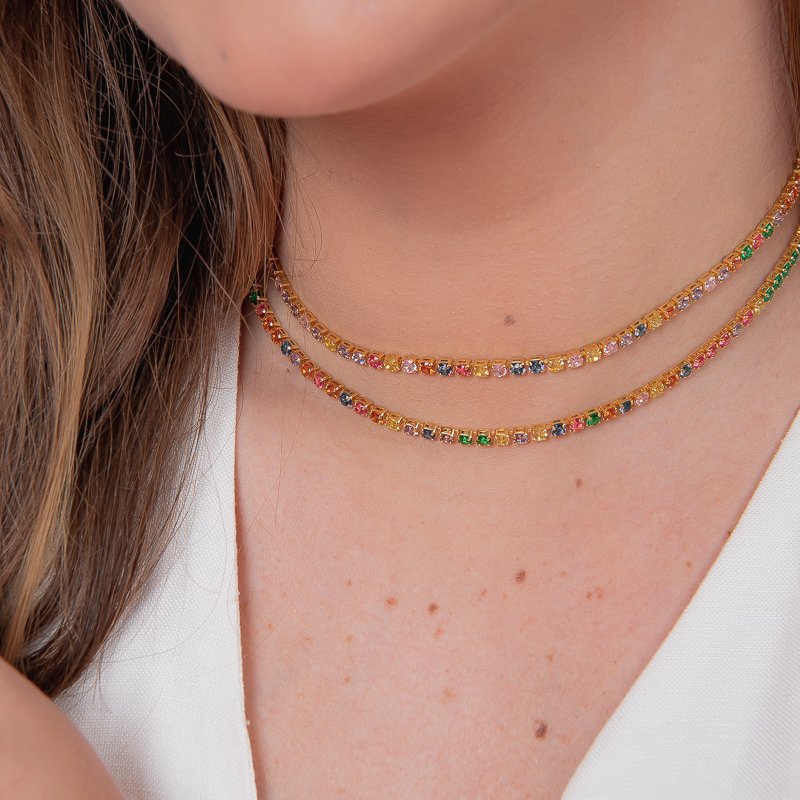 CHOKER ZIRCONIA COLORS 3MM BANHADO A OURO 18K