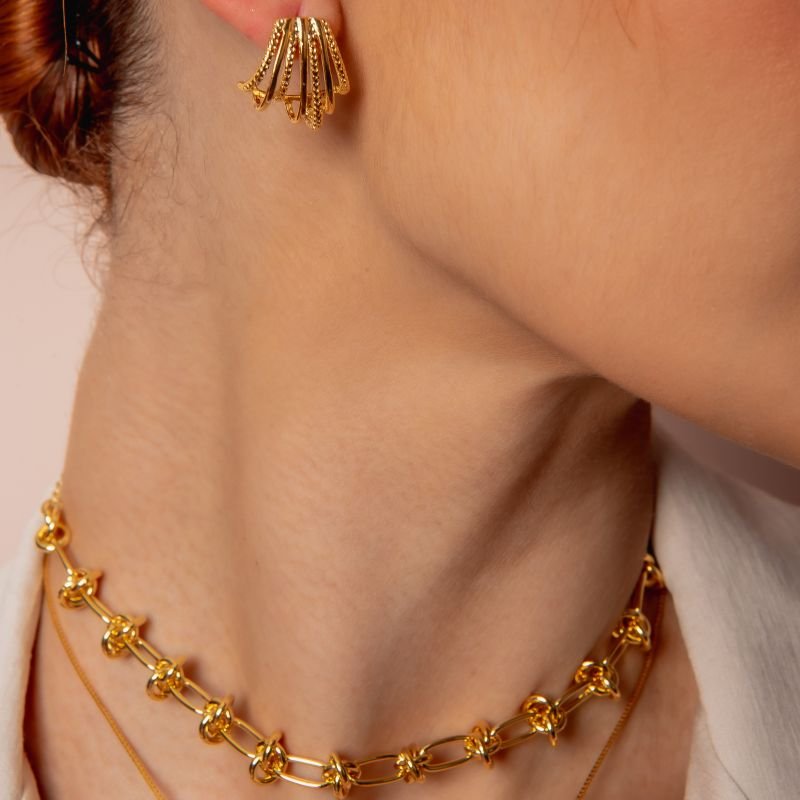 EAR HOOK 7 FILEIRAS LISAS E BOLINHAS DOURADO FOLHEADO