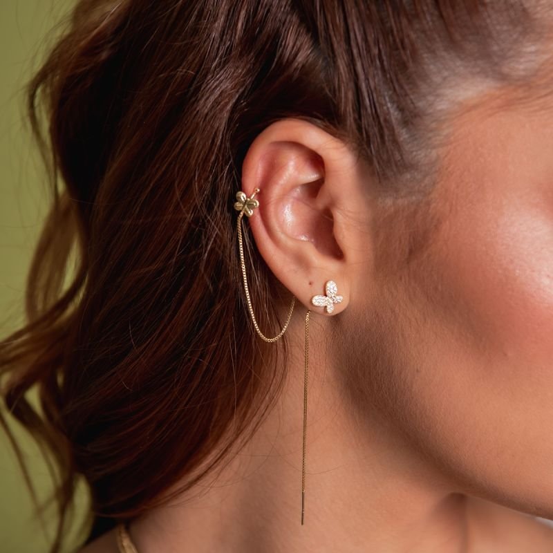 EAR LINE BORBOLETAS COM ZIRCONIA DOURADO FOLHEADO