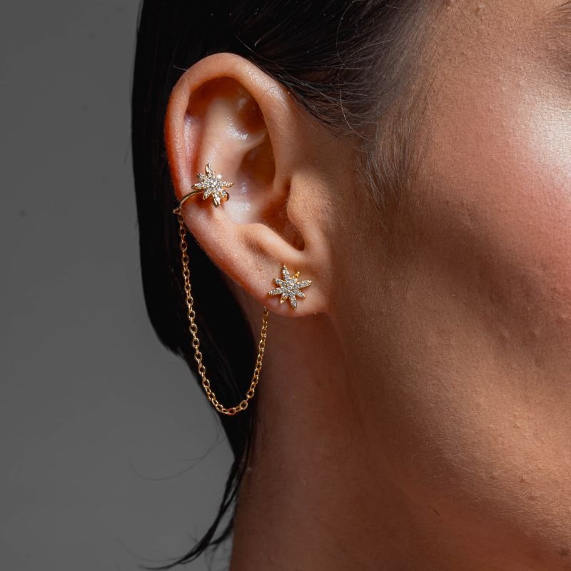 EAR LINE STARS ZIRCÔNIA BANHADO A OURO 18K