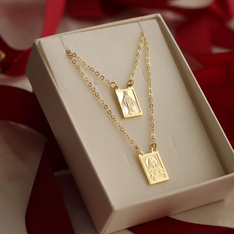 ESCAPULARIO N. SENHORA GRAÇAS E JESUS BANHADO A OURO 18K