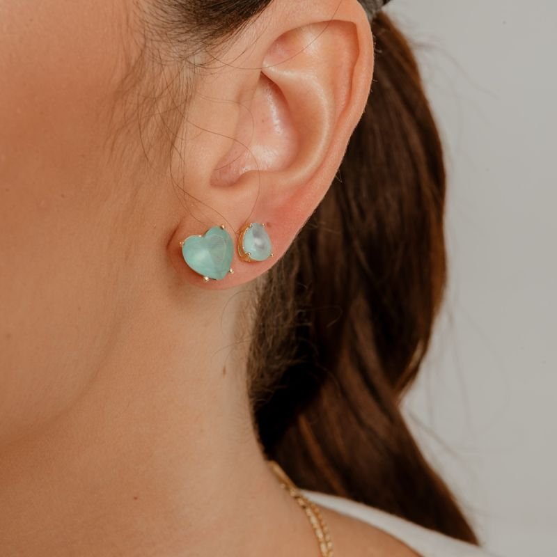 KIT 2 PARES DE BRINCOS GOTA E CORAÇÃO AZUL FOSCO DOURAFO FOLHEADO