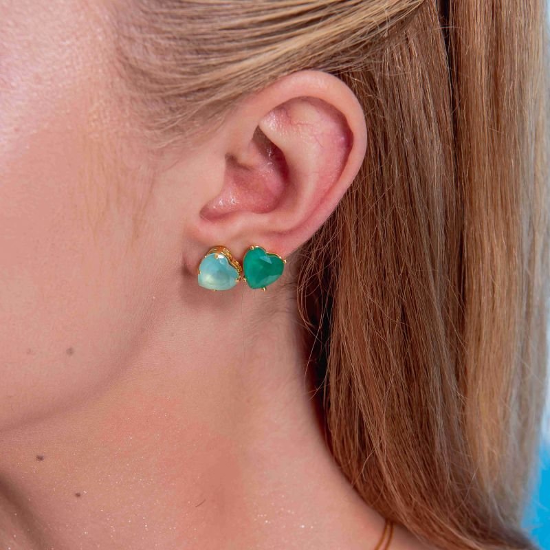 KIT BRINCOS 2 PARES CORAÇÃO VERDE E AZUL BANHADO A OURO 18K