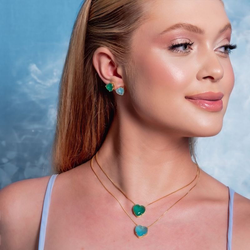 KIT BRINCOS 2 PARES CORAÇÃO VERDE E AZUL BANHADO A OURO 18K