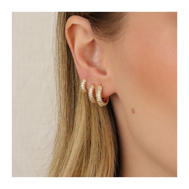 KIT TRIO DE ARGOLAS DUAS FILEIRAS DE ZIRCÔNIA BANHADO A OURO 18K