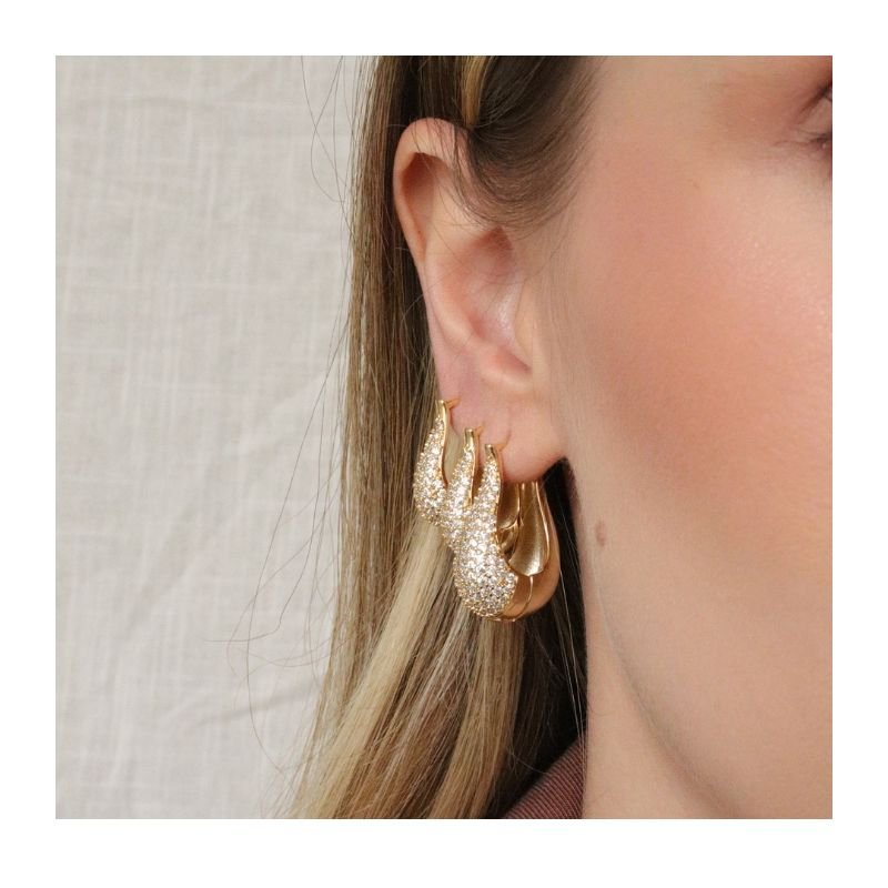 KIT TRIO DE ARGOLAS GOTA ARTICULADA COM ZIRCÔNIA BANHADO A OURO 18K