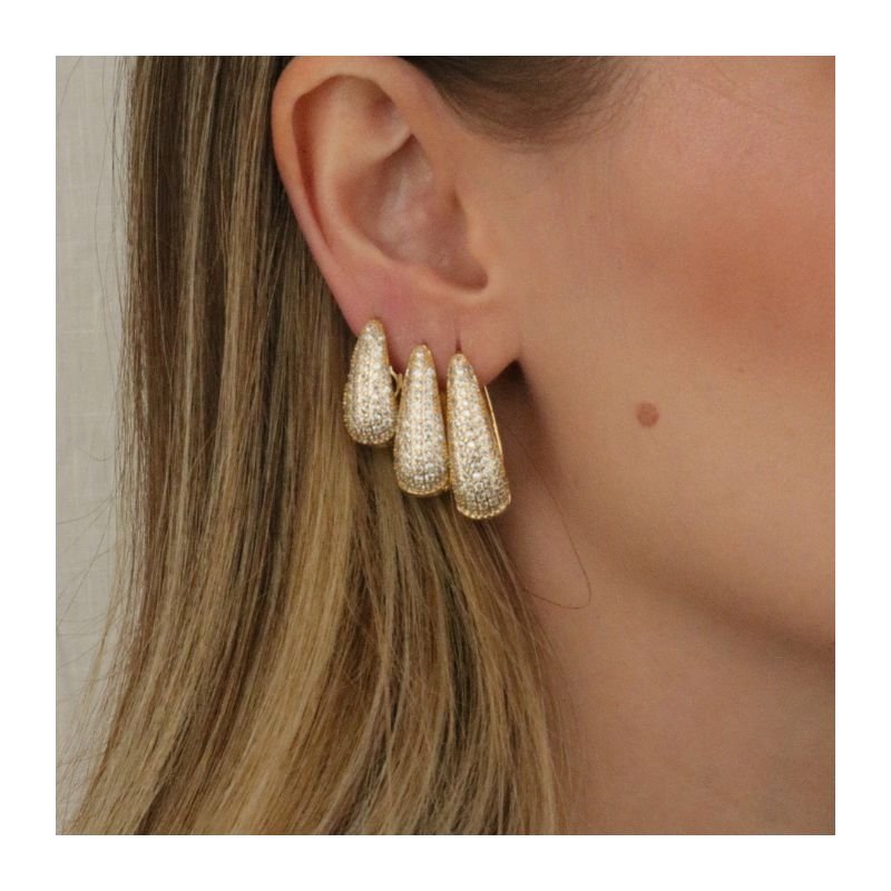 KIT TRIO DE ARGOLAS RETANGULAR COM DETALHE E ZIRCÔNIAS BANHADO A OURO 18K