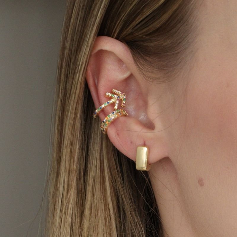 PIERCING FAKE DUAS SETAS ZIRCONIA COLORIDA BANHADO A OURO 18K