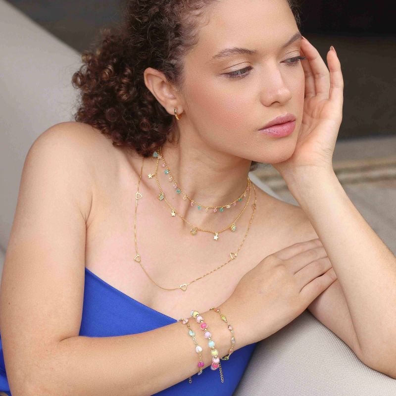 PULSEIRA PEDRAS VIDRO OVAL COLORS DOURADO FOLHEADO