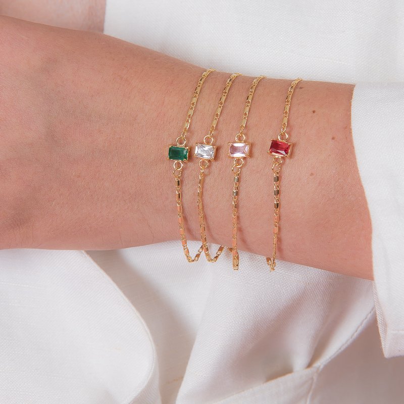 PULSEIRA PEDRA RETANGULAR MINI ESMERALDA DOURADO FOLHEADO