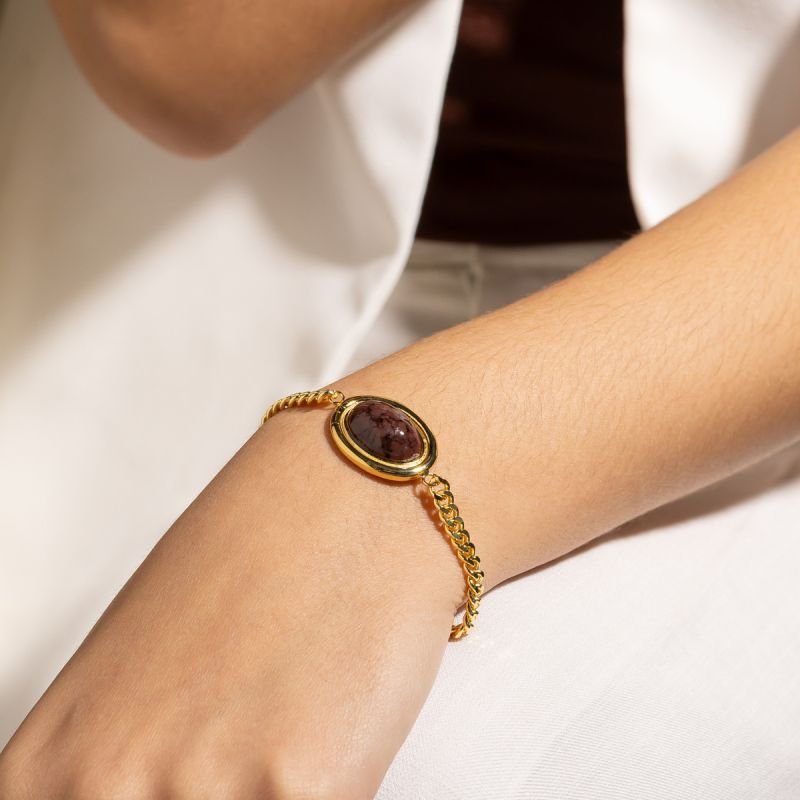 PULSEIRA AGATA MARROM BANHADO A OURO 18K