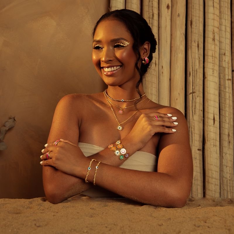 PULSEIRA BOLINHAS ABS COM OLHO GREGO DOURADO FOLHEADO