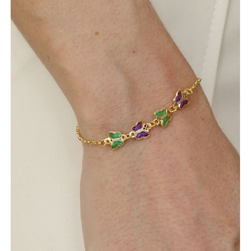 PULSEIRA BORBOLETAS COLORIDAS BANHADA A OURO 18K