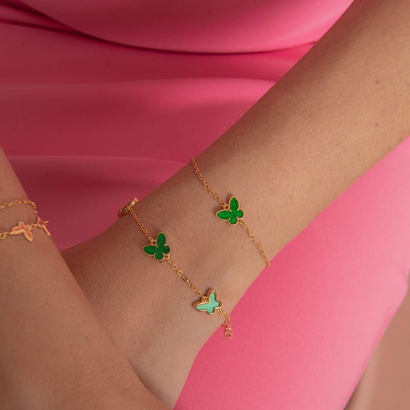 PULSEIRA BORBOLETAS VERDES BANHADO A OURO 18K