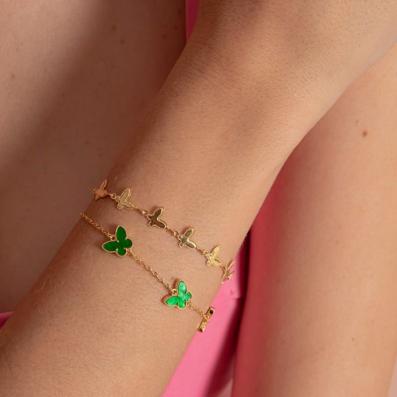 PULSEIRA BORBOLETAS VERDES BANHADO A OURO 18K