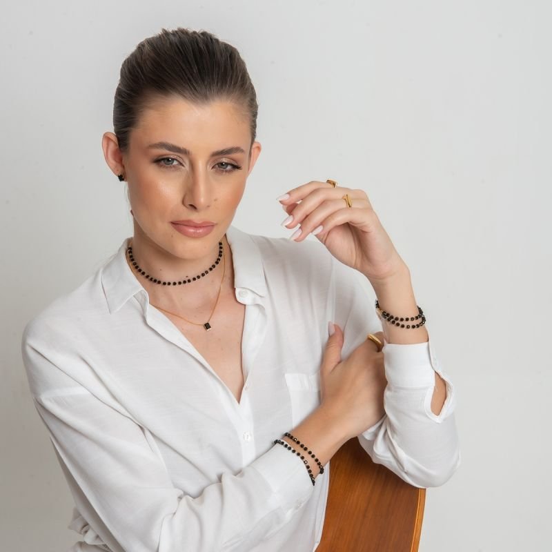 PULSEIRA CRISTAIS BLACK DOURADO FOLHEADO