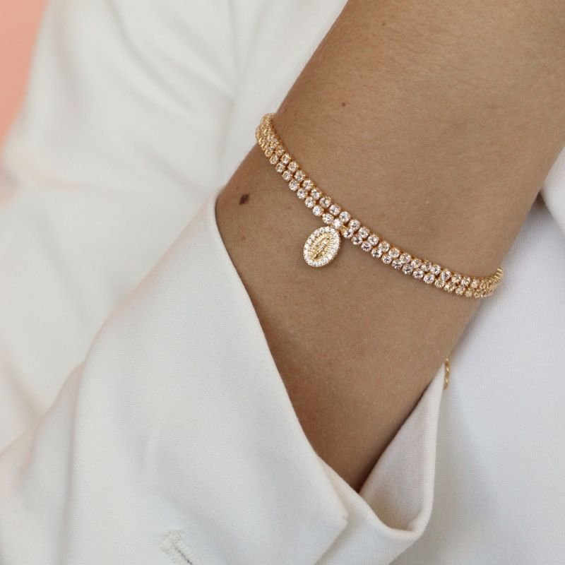 PULSEIRA DUPLA STRAS ZIRCÔNIA VIRGEM MARIA BANHADO A OURO 18K