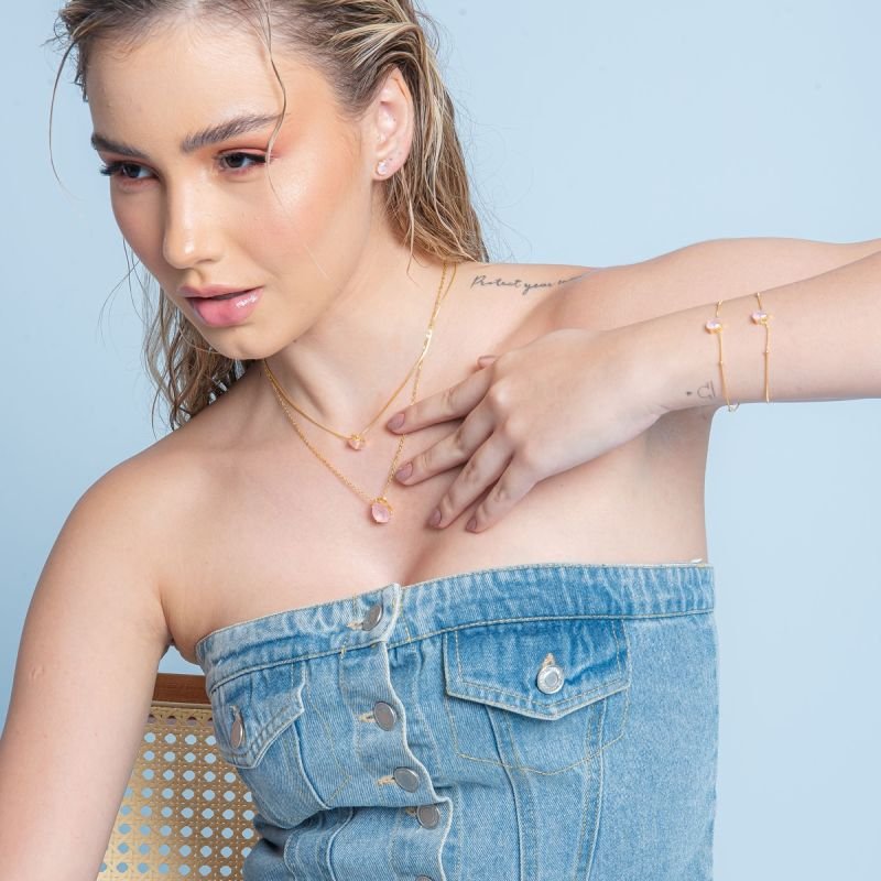 PULSEIRA GOTA ROSA FOSCA PP VENEZIANA COM BOLINHA DOURADO FOLHEADO