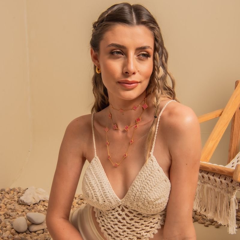 PULSEIRA ONE TREVO PINK 14MM BANHADO A OURO 18K