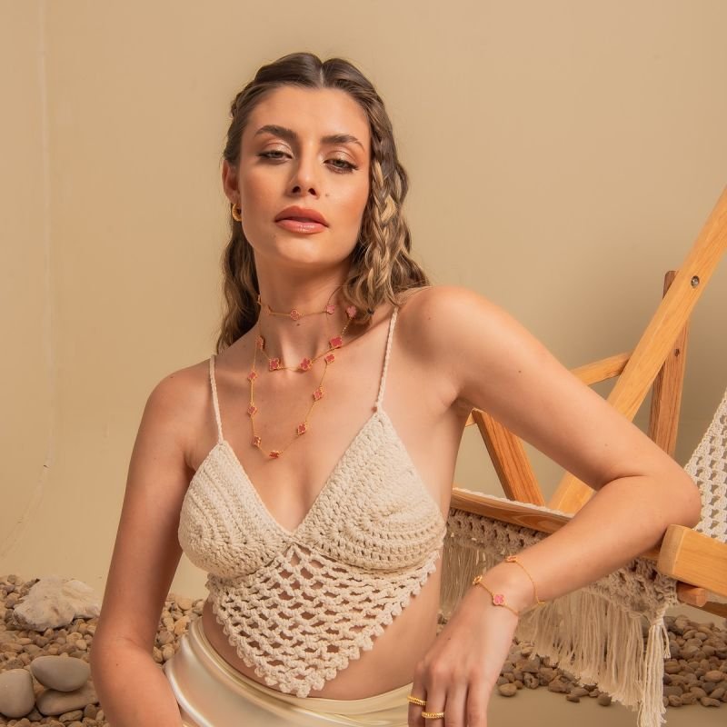 PULSEIRA ONE TREVO PINK 10MM DOURADO FOLHEADO