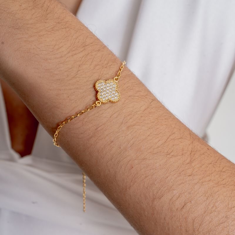 PULSEIRA TREVO COM ZIRCÔNIA BANHADO A OURO 18K