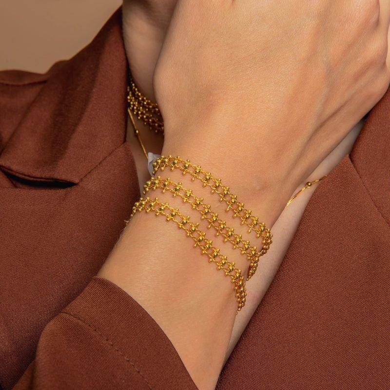 PULSEIRA TRIO FILEIRAS DE BOLINHAS BANHADO A OURO 18K