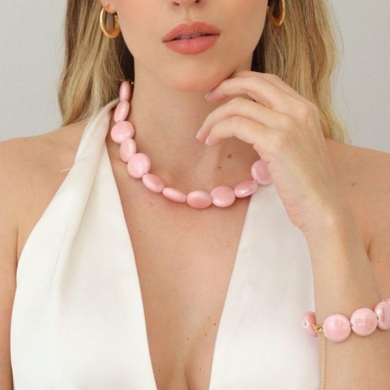 PULSEIRAS PORCELANA ROSA BANHADO A OURO 18K